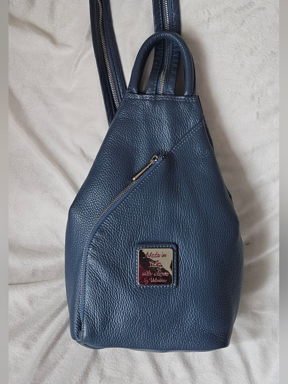 Valentina Medium Blue Pebbled Leather Convertible Sling Backpack